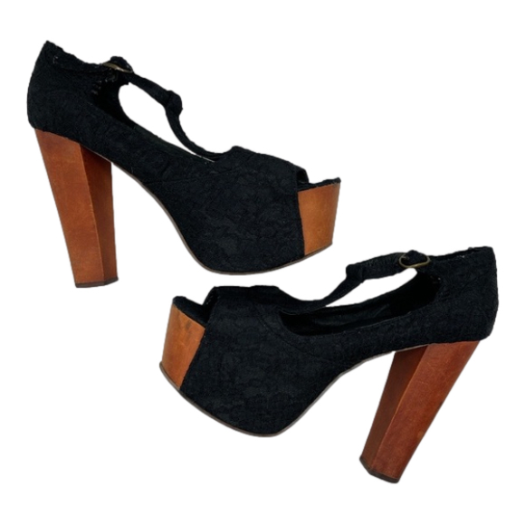 Jeffrey Campbell Shoes - Jeffrey Campbell Black Lace Wood Platform Wedge Shoes Size 7M